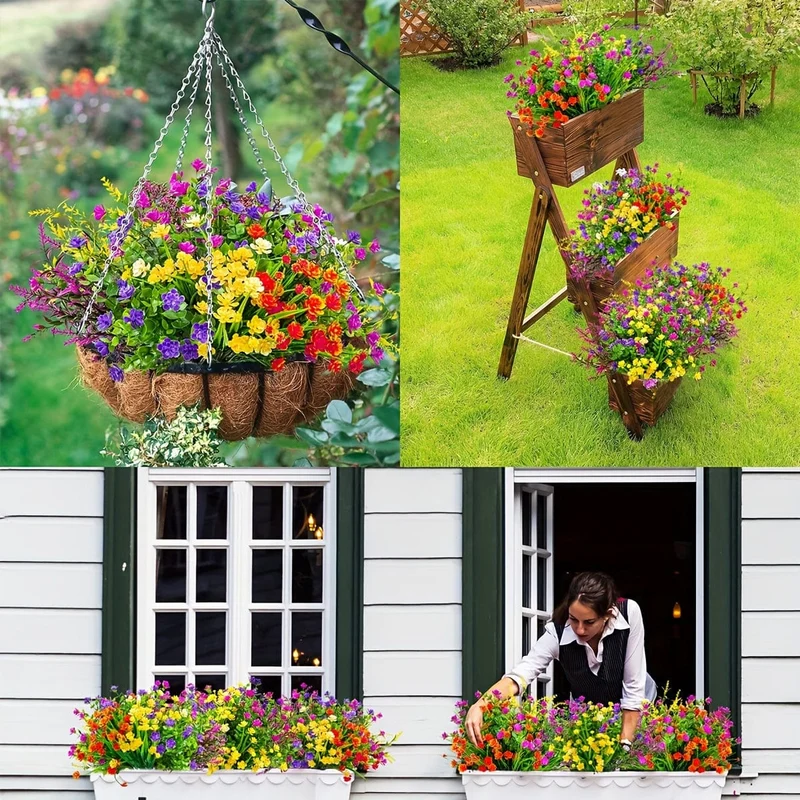 16 Bündel Outdoor-Kunststoffpflanzen, künstliche Blumen, Kunststräucher, Kunstpflanzen, Grün, Weizengras, UV-beständig, für Frühling, Sommer, Garten, Terrasse, Fenster, Büro, Tisch, Küche, Heimdekoration