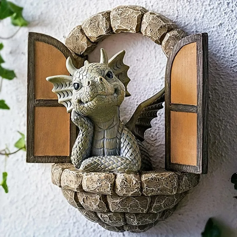 1 Stück Harz-Drachenskulptur, Fensterfront-Drachenstatue, Feengarten-Dekoration, Wandbehang für Außen- und Innengarten, Hof, Veranda, Balkon, Terrassendekoration