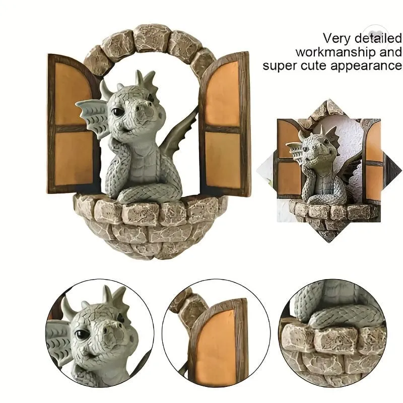 1 Stück Harz-Drachenskulptur, Fensterfront-Drachenstatue, Feengarten-Dekoration, Wandbehang für Außen- und Innengarten, Hof, Veranda, Balkon, Terrassendekoration