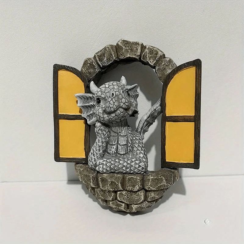 1 Stück Harz-Drachenskulptur, Fensterfront-Drachenstatue, Feengarten-Dekoration, Wandbehang für Außen- und Innengarten, Hof, Veranda, Balkon, Terrassendekoration