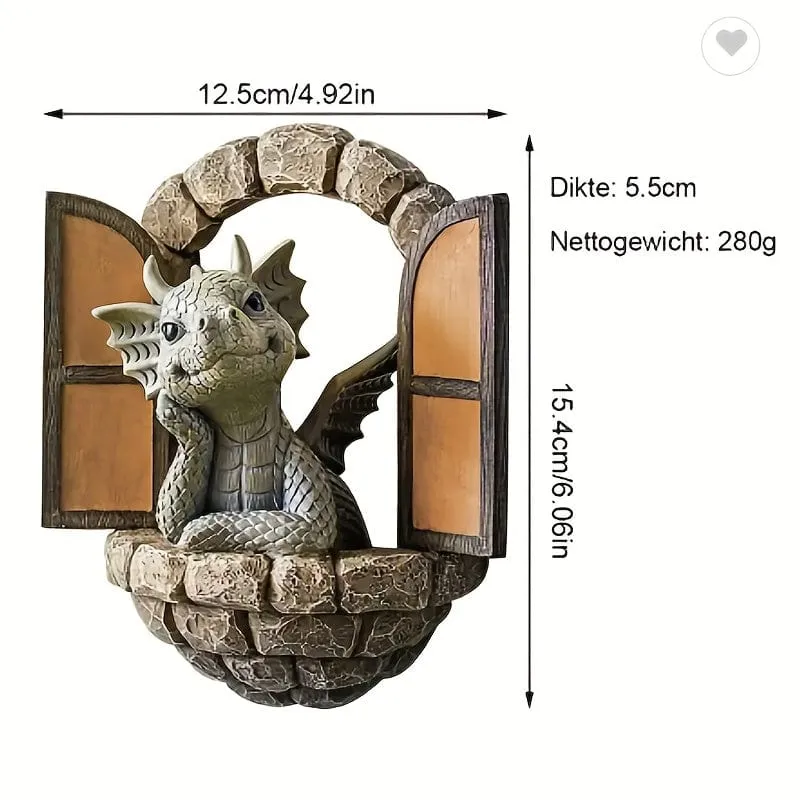 1 Stück Harz-Drachenskulptur, Fensterfront-Drachenstatue, Feengarten-Dekoration, Wandbehang für Außen- und Innengarten, Hof, Veranda, Balkon, Terrassendekoration
