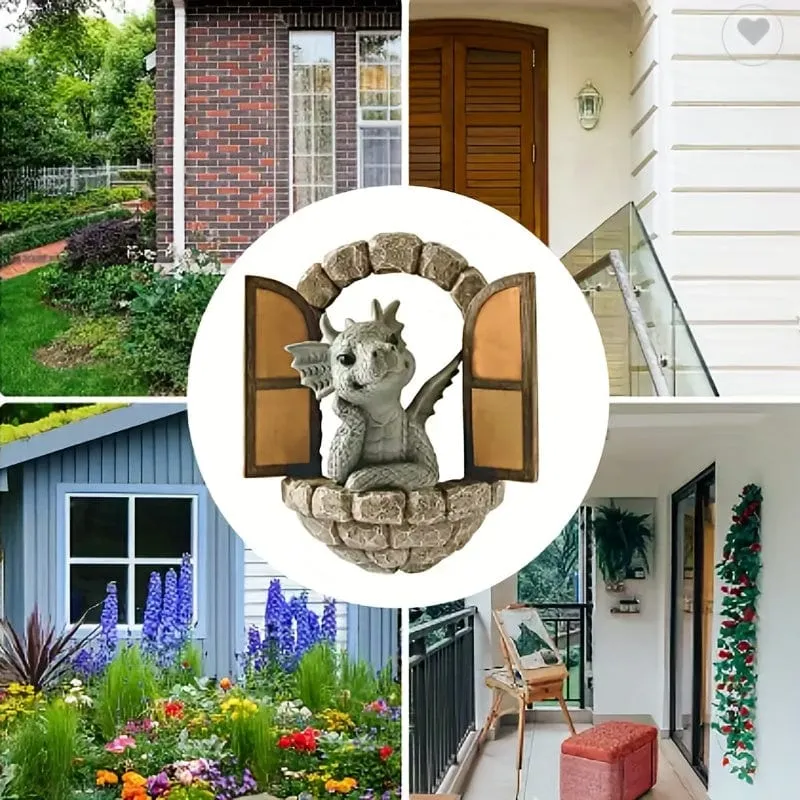 1 Stück Harz-Drachenskulptur, Fensterfront-Drachenstatue, Feengarten-Dekoration, Wandbehang für Außen- und Innengarten, Hof, Veranda, Balkon, Terrassendekoration