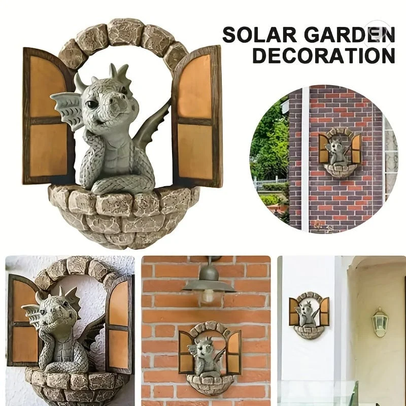 1 Stück Harz-Drachenskulptur, Fensterfront-Drachenstatue, Feengarten-Dekoration, Wandbehang für Außen- und Innengarten, Hof, Veranda, Balkon, Terrassendekoration