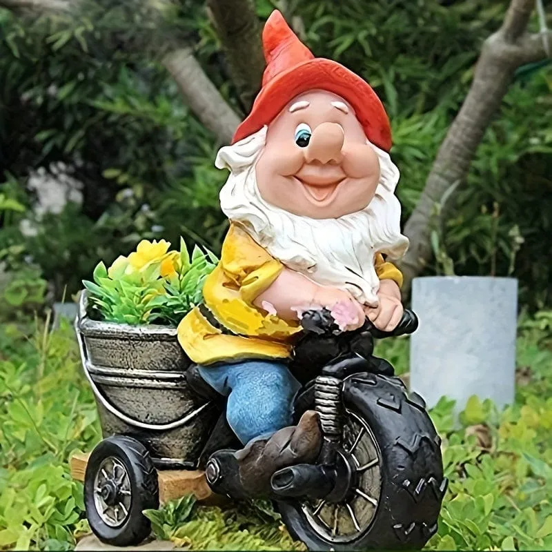 1 Stück, radfahrender Zwerg, Blumenzwerg, Hofstatue, Gartenzwerg, Dekoration, Skulptur, Ornament, Kunstharz, Außendekoration, Gartendekoration, Gartenbedarf, Urlaubsbedarf, Kunsthandwerk aus Kunstharz, Ornamente für Terrasse, Rasen, Gartenkunst