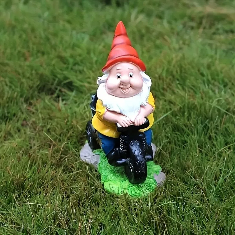 1 Stück, radfahrender Zwerg, Blumenzwerg, Hofstatue, Gartenzwerg, Dekoration, Skulptur, Ornament, Kunstharz, Außendekoration, Gartendekoration, Gartenbedarf, Urlaubsbedarf, Kunsthandwerk aus Kunstharz, Ornamente für Terrasse, Rasen, Gartenkunst