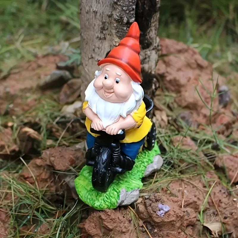 1 Stück, radfahrender Zwerg, Blumenzwerg, Hofstatue, Gartenzwerg, Dekoration, Skulptur, Ornament, Kunstharz, Außendekoration, Gartendekoration, Gartenbedarf, Urlaubsbedarf, Kunsthandwerk aus Kunstharz, Ornamente für Terrasse, Rasen, Gartenkunst