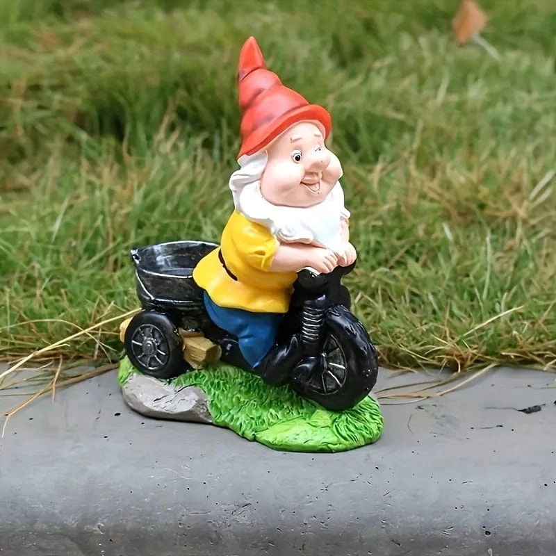 1 Stück, radfahrender Zwerg, Blumenzwerg, Hofstatue, Gartenzwerg, Dekoration, Skulptur, Ornament, Kunstharz, Außendekoration, Gartendekoration, Gartenbedarf, Urlaubsbedarf, Kunsthandwerk aus Kunstharz, Ornamente für Terrasse, Rasen, Gartenkunst