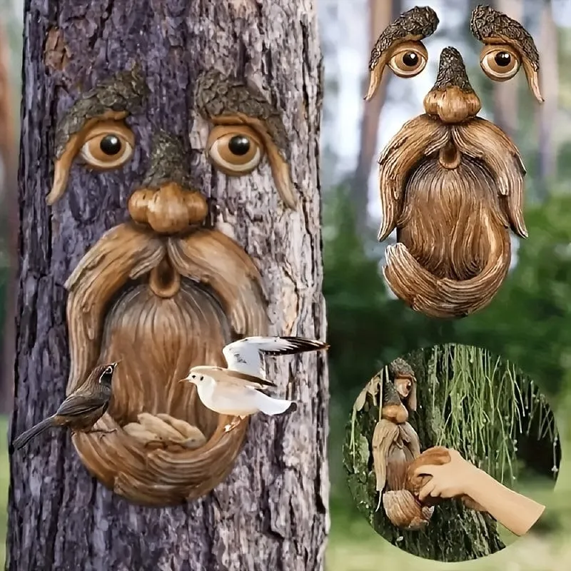 1 Set kreativer Baumgesicht-Vogelfutterspender, Outdoor-Garten-Baumdekorationen aus Kunstharz, Outdoor-Statue, Baumgesicht-Wildvogelfutterspender, geeignet für Zuhause, Innenhof, Veranda, Gartendekoration, Park-Baumdekorationen