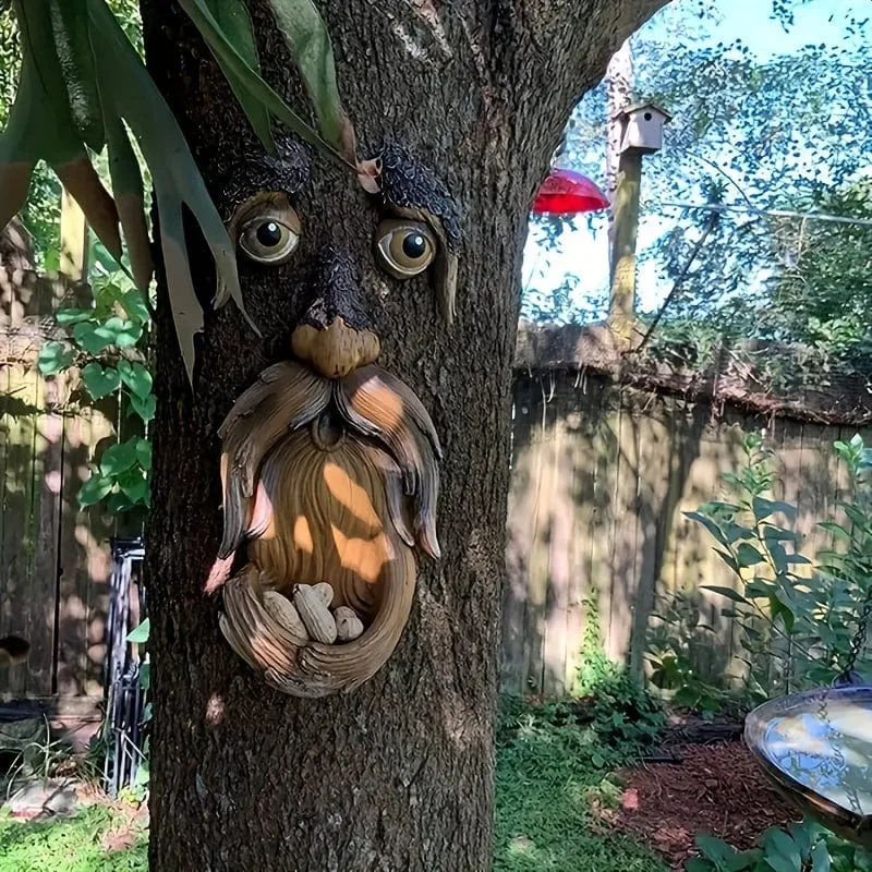 1 Set kreativer Baumgesicht-Vogelfutterspender, Outdoor-Garten-Baumdekorationen aus Kunstharz, Outdoor-Statue, Baumgesicht-Wildvogelfutterspender, geeignet für Zuhause, Innenhof, Veranda, Gartendekoration, Park-Baumdekorationen