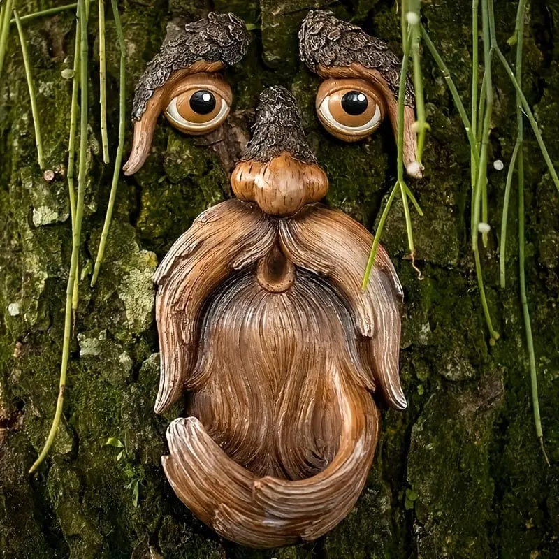1 Set kreativer Baumgesicht-Vogelfutterspender, Outdoor-Garten-Baumdekorationen aus Kunstharz, Outdoor-Statue, Baumgesicht-Wildvogelfutterspender, geeignet für Zuhause, Innenhof, Veranda, Gartendekoration, Park-Baumdekorationen