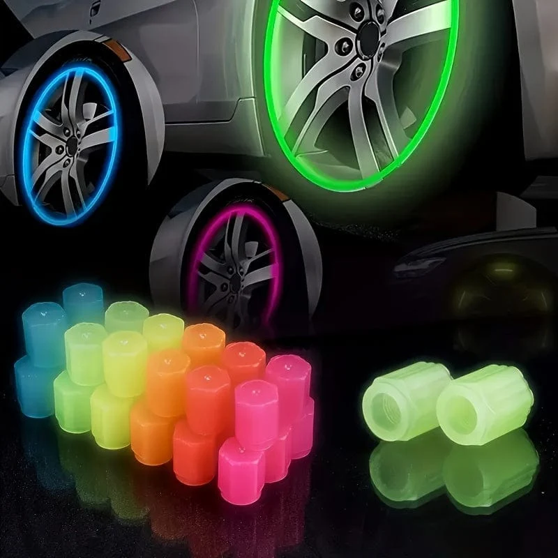 4 Stück leuchtende Ventilschaftkappen, universelle fluoreszierende Autoreifen-Ventilkappen, leuchtende Fahrradreifen-Ventilschaftkappen, dekoratives Autozubehör