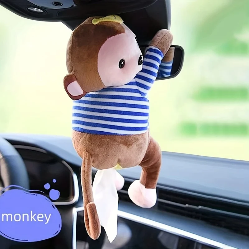 1 Stück Affen-Design, Plüsch-Taschentuchhalter zum Aufhängen, niedliche Cartoon-Tiere, Papieraufbewahrung, Taschentuchfach, Behälterabdeckung für Auto, Zuhause