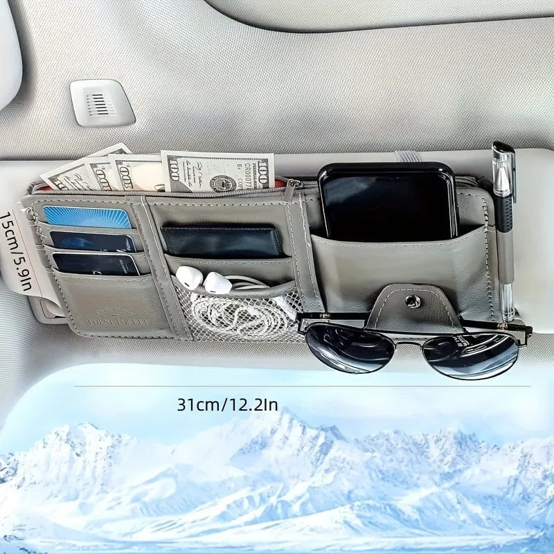 Auto-Sonnenblenden-Organizer, multifunktionale Aufbewahrungstasche, Auto-Brillenclip, Aufbewahrungstasche, Sonnenbrillenhalter mit Reißverschlusstasche, Auto-Innenausstattung