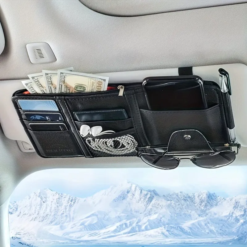 Auto-Sonnenblenden-Organizer, multifunktionale Aufbewahrungstasche, Auto-Brillenclip, Aufbewahrungstasche, Sonnenbrillenhalter mit Reißverschlusstasche, Auto-Innenausstattung