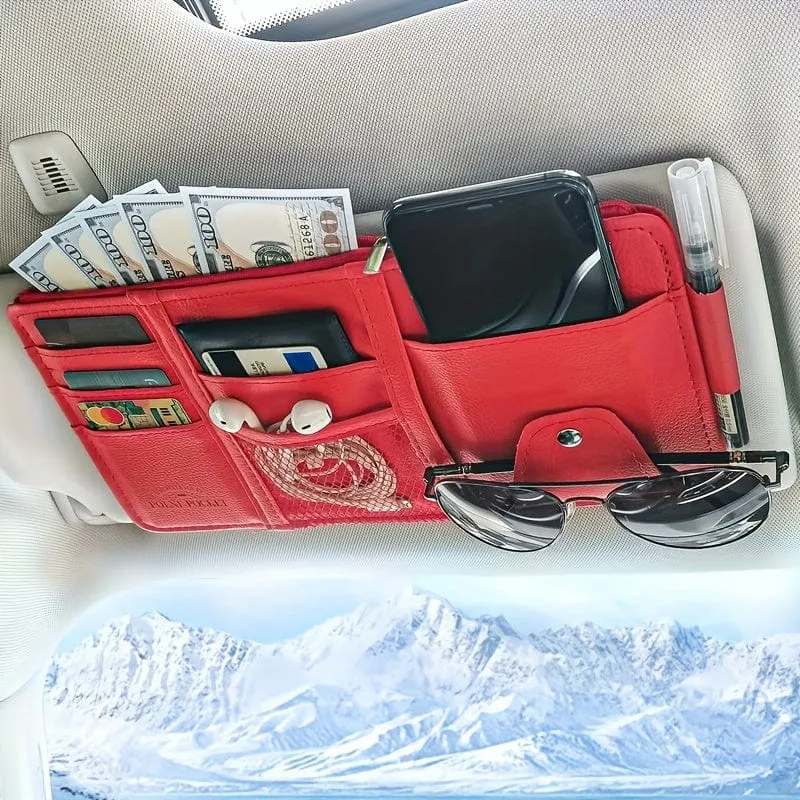 Auto-Sonnenblenden-Organizer, multifunktionale Aufbewahrungstasche, Auto-Brillenclip, Aufbewahrungstasche, Sonnenbrillenhalter mit Reißverschlusstasche, Auto-Innenausstattung