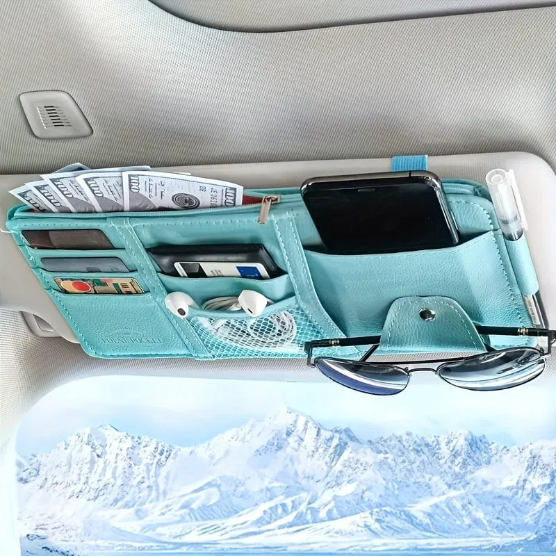 Auto-Sonnenblenden-Organizer, multifunktionale Aufbewahrungstasche, Auto-Brillenclip, Aufbewahrungstasche, Sonnenbrillenhalter mit Reißverschlusstasche, Auto-Innenausstattung