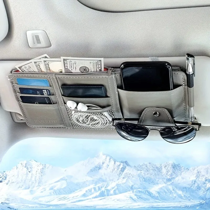 Auto-Sonnenblenden-Organizer, multifunktionale Aufbewahrungstasche, Auto-Brillenclip, Aufbewahrungstasche, Sonnenbrillenhalter mit Reißverschlusstasche, Auto-Innenausstattung