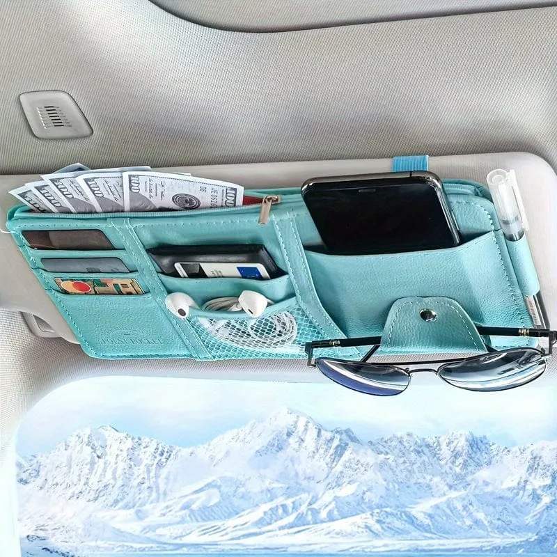 Auto-Sonnenblenden-Organizer, multifunktionale Aufbewahrungstasche, Auto-Brillenclip, Aufbewahrungstasche, Sonnenbrillenhalter mit Reißverschlusstasche, Auto-Innenausstattung