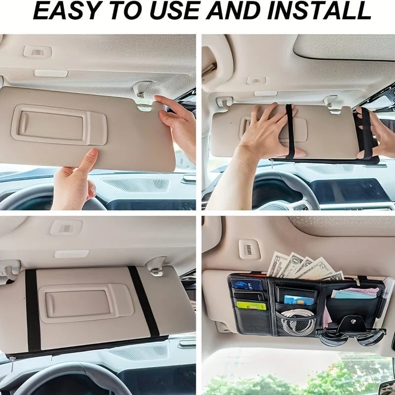Auto-Sonnenblenden-Organizer, multifunktionale Aufbewahrungstasche, Auto-Brillenclip, Aufbewahrungstasche, Sonnenbrillenhalter mit Reißverschlusstasche, Auto-Innenausstattung
