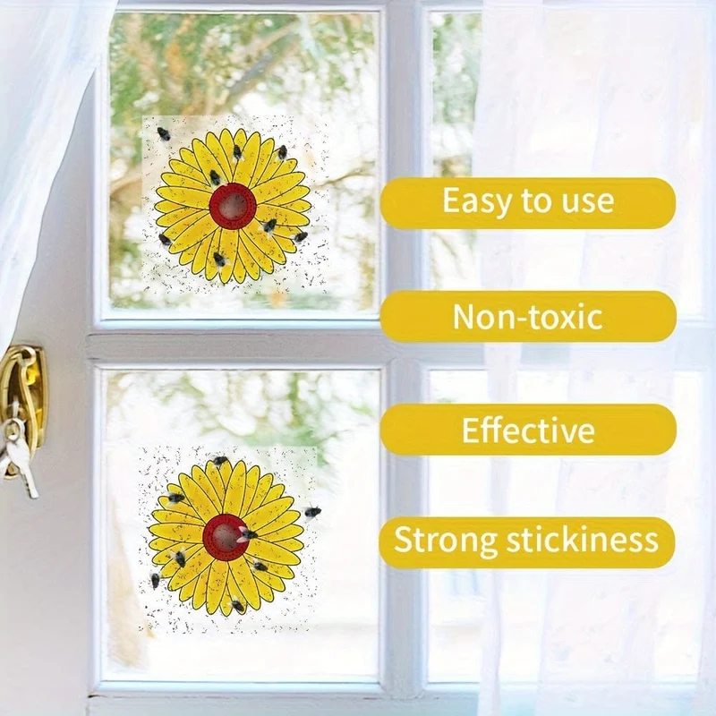 6 Stück, Fenster-Fliegenfallen für den Innenbereich, Sonnenblumen-Fliegenfänger, Fenster-Fliegenaufkleber, klebrige Fenster-Insektenfalle für den Innen- und Außenbereich, Insektenfallen für den Innen- und Außenbereich, Innen- und Außenbereich, Haus, Küche, Pflanzen, Bäume, fliegende Insekten, Schädlingsbekämpfung