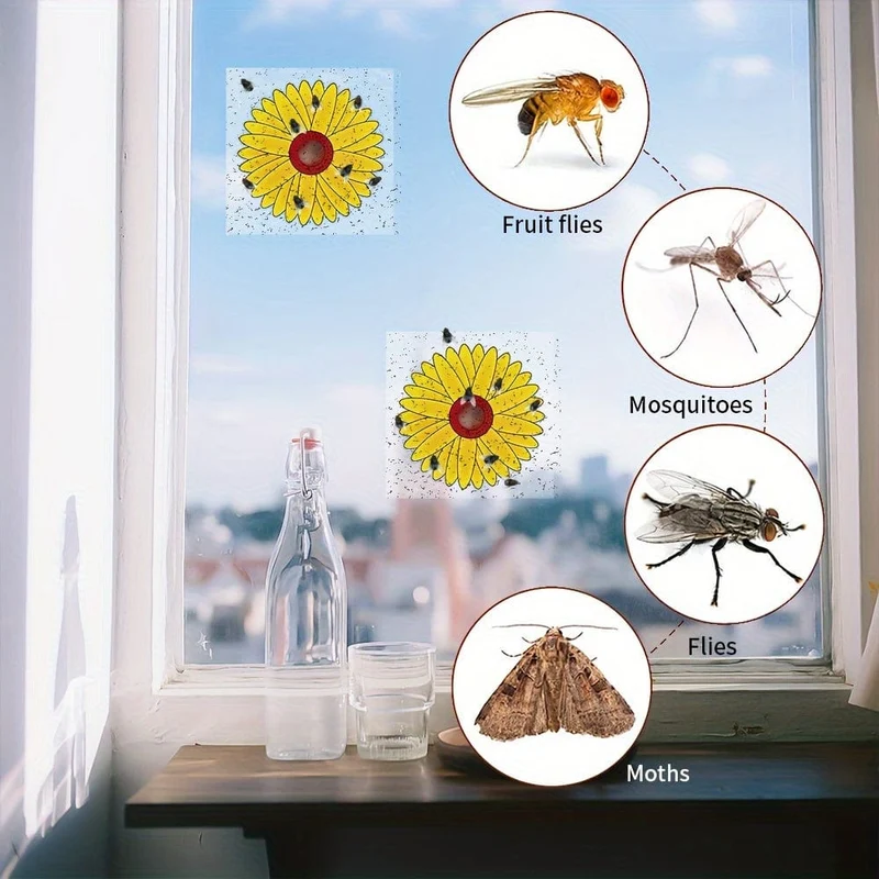 6 Stück, Fenster-Fliegenfallen für den Innenbereich, Sonnenblumen-Fliegenfänger, Fenster-Fliegenaufkleber, klebrige Fenster-Insektenfalle für den Innen- und Außenbereich, Insektenfallen für den Innen- und Außenbereich, Innen- und Außenbereich, Haus, Küche, Pflanzen, Bäume, fliegende Insekten, Schädlingsbekämpfung