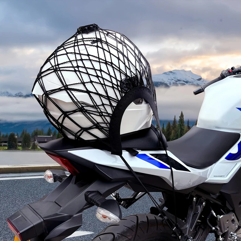 Upgrade-Frachtnetz für die Aufbewahrung von Motorradhelmen, hochelastische doppellagige Organizer-Netztasche mit 4 starken Haken