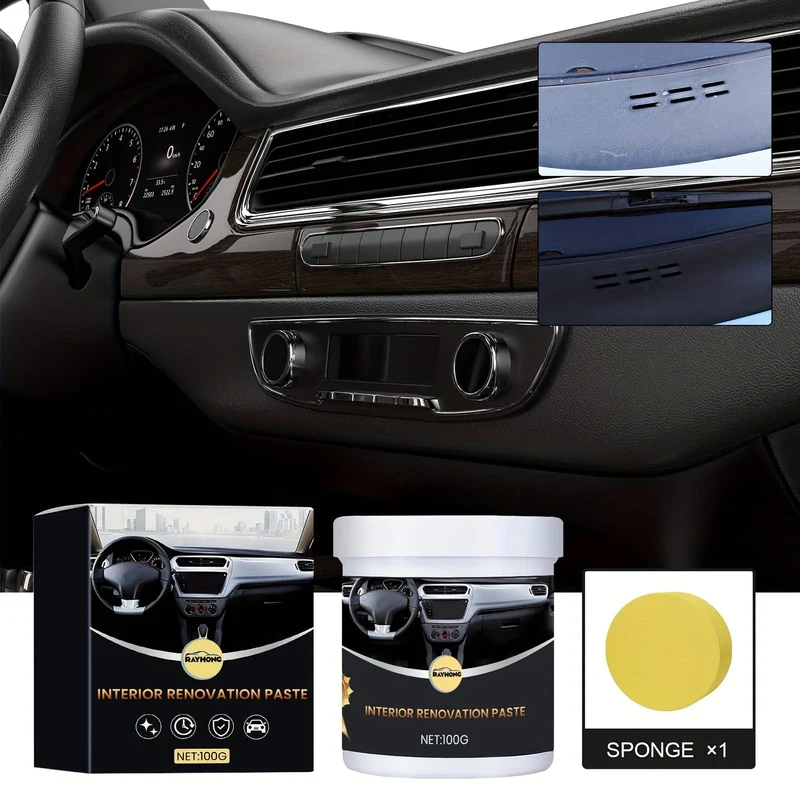 Auto-Innenrenovierungs-Beschichtungscreme, Innenreinigung des Armaturenbrett-Sitzes, staubdichte Wartung, Polier-Beschichtungscreme, 100 g + 1 Stück Reinigungsschwamm