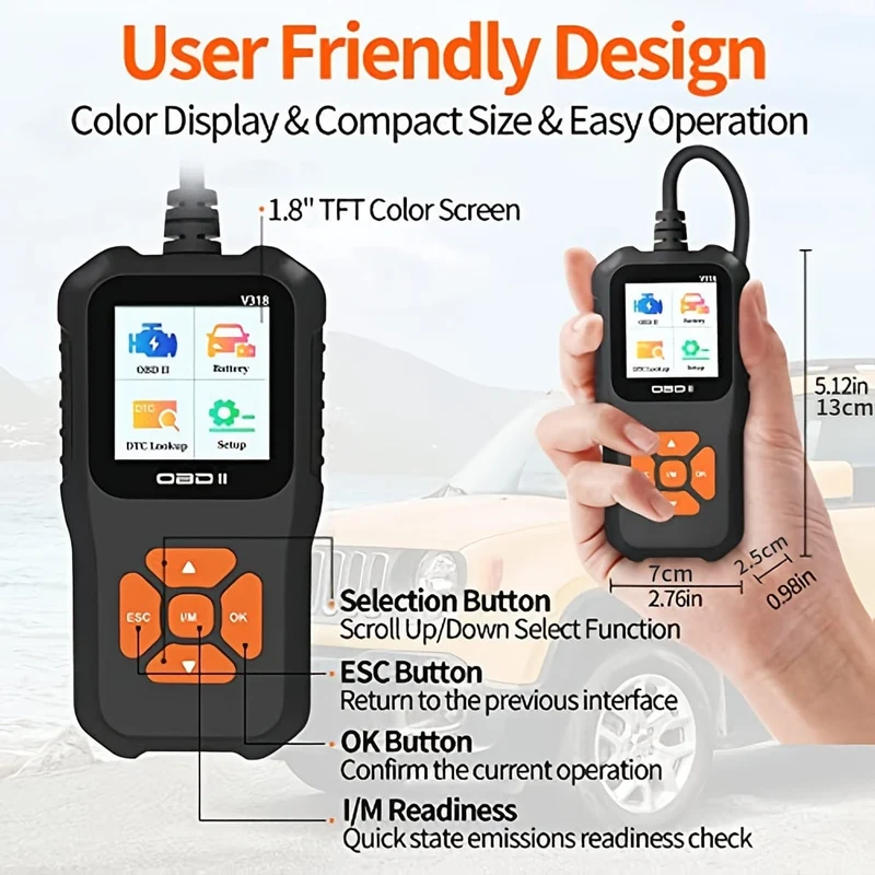Auto-OBD2-Scanner, Motorlicht-Fehlercode-Lesegerät, Batteriespannung-Lesegerät für alle Fahrzeuge mit OBD-II-Protokoll seit 1996, Farbbildschirm V318