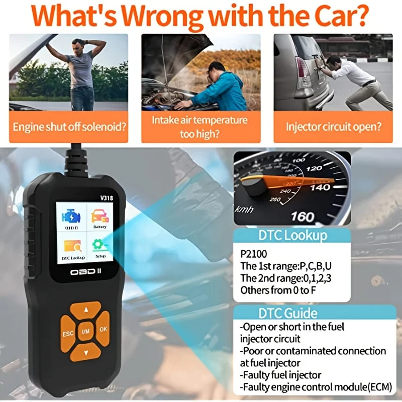 Auto-OBD2-Scanner, Motorlicht-Fehlercode-Lesegerät, Batteriespannung-Lesegerät für alle Fahrzeuge mit OBD-II-Protokoll seit 1996, Farbbildschirm V318