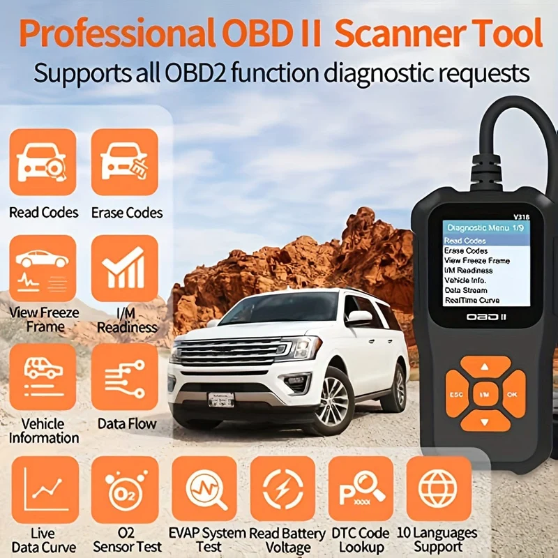 Auto-OBD2-Scanner, Motorlicht-Fehlercode-Lesegerät, Batteriespannung-Lesegerät für alle Fahrzeuge mit OBD-II-Protokoll seit 1996, Farbbildschirm V318