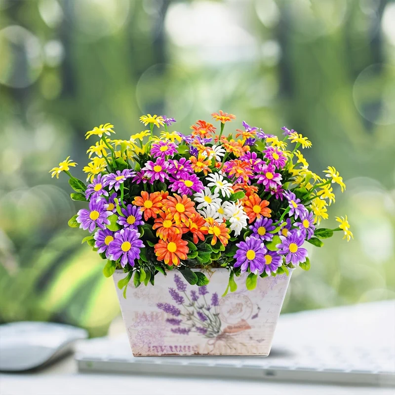 10 Bündel künstliche Gänseblümchen im Freien, UV-beständig, künstliche Pflanzen, künstliche Gänseblümchen aus Kunststoff, für draußen, Zuhause, drinnen, Topfpflanzgefäße, Gartendekoration