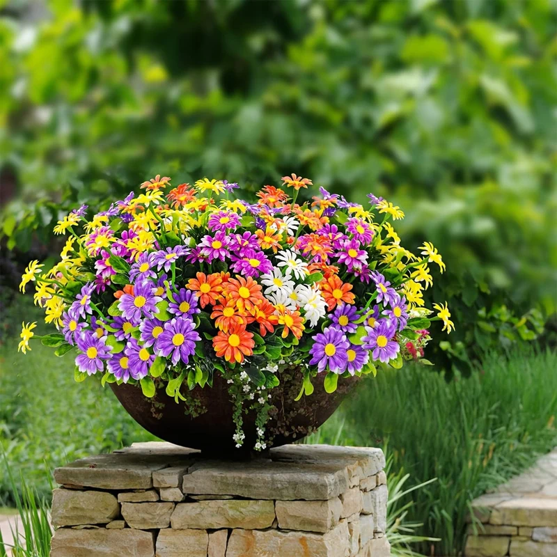 10 Bündel künstliche Gänseblümchen im Freien, UV-beständig, künstliche Pflanzen, künstliche Gänseblümchen aus Kunststoff, für draußen, Zuhause, drinnen, Topfpflanzgefäße, Gartendekoration