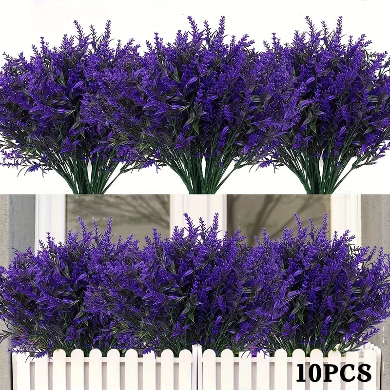 10 Bündel künstliche Lavendelblüten für den Außenbereich, UV-beständig, Kunstblumen, kein Verblassen, künstliche Kunststoffpflanzen, Garten, Veranda, Fensterkasten, Dekoration für drinnen und draußen, hängende Pflanzgefäße, Zuhause, Küche, Büro, Hochzeit, Gartendekoration