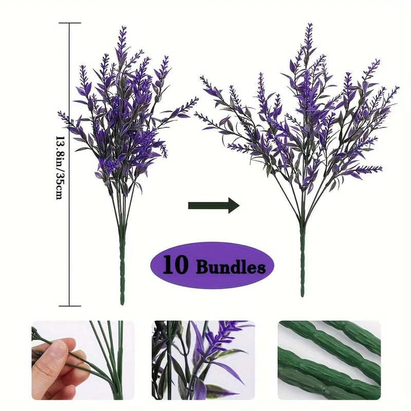 10 Bündel künstliche Lavendelblüten für den Außenbereich, UV-beständig, Kunstblumen, kein Verblassen, künstliche Kunststoffpflanzen, Garten, Veranda, Fensterkasten, Dekoration für drinnen und draußen, hängende Pflanzgefäße, Zuhause, Küche, Büro, Hochzeit, Gartendekoration
