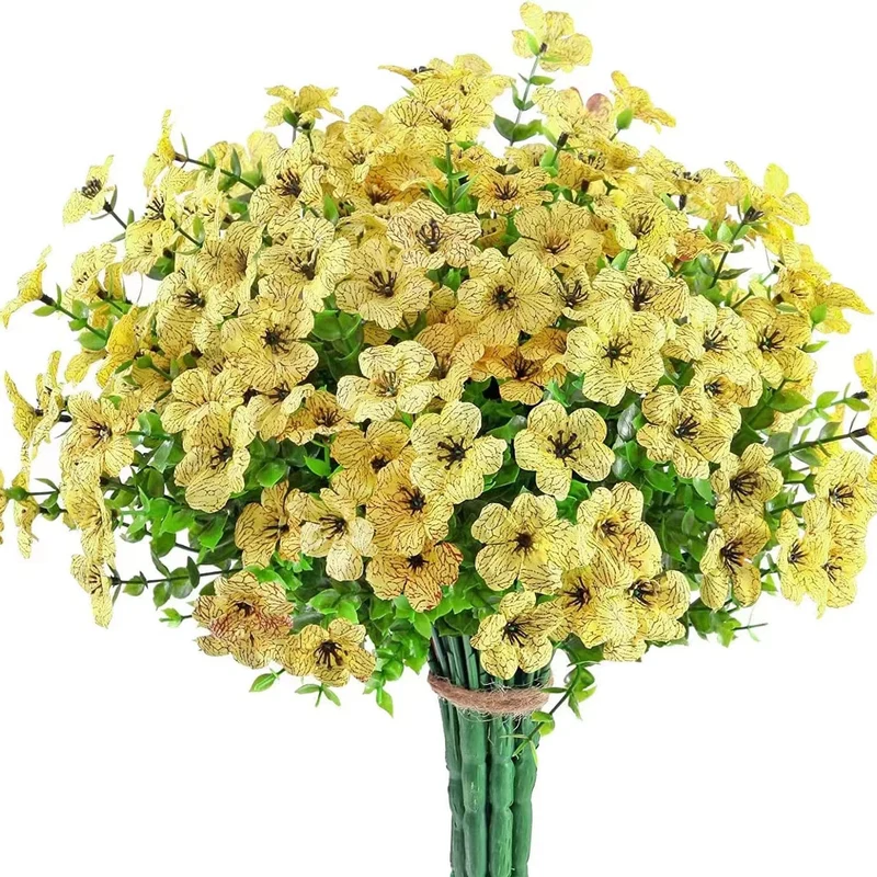 2/4 Stück, künstliche Blumen, gelbe Massen-UV-beständige Fake-Pflanzen für den Außenbereich, keine Verblassen, Herbstblumen, grüne Sträucher für Hängekörbe, Pflanzgefäße, Fenster-Außengarten-Yard-Dekoration, Wohnraum-Szenen-Dekoration