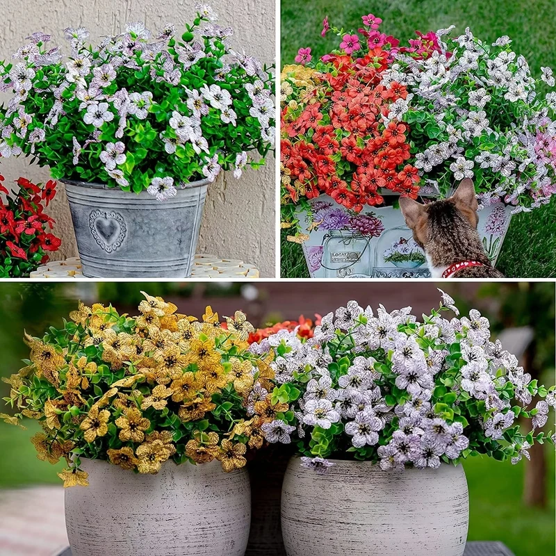 2/4 Stück, künstliche Blumen, gelbe Massen-UV-beständige Fake-Pflanzen für den Außenbereich, keine Verblassen, Herbstblumen, grüne Sträucher für Hängekörbe, Pflanzgefäße, Fenster-Außengarten-Yard-Dekoration, Wohnraum-Szenen-Dekoration