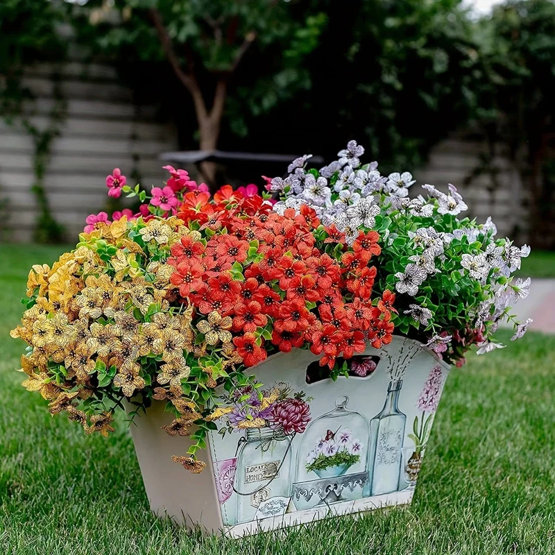 2/4 Stück, künstliche Blumen, gelbe Massen-UV-beständige Fake-Pflanzen für den Außenbereich, keine Verblassen, Herbstblumen, grüne Sträucher für Hängekörbe, Pflanzgefäße, Fenster-Außengarten-Yard-Dekoration, Wohnraum-Szenen-Dekoration