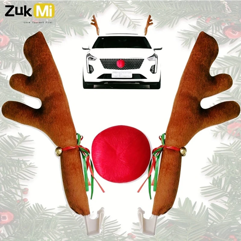 Auto-Rentier-Geweih und Nase – Fensterdach und Kühlergrill, Rudolph-Rentier-Jingle-Bell-Weihnachtskostüm – Auto-Zubehör-Dekorationsset