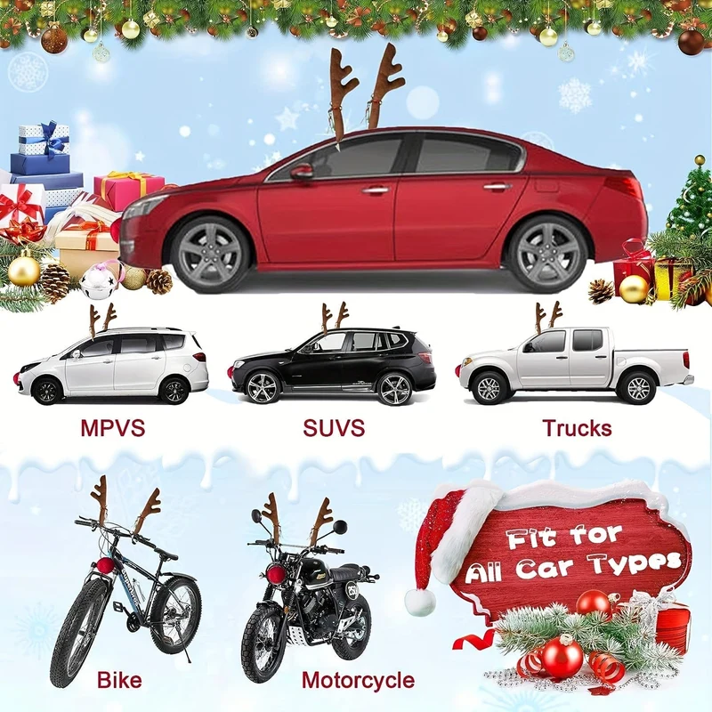 Auto-Rentier-Geweih und Nase – Fensterdach und Kühlergrill, Rudolph-Rentier-Jingle-Bell-Weihnachtskostüm – Auto-Zubehör-Dekorationsset