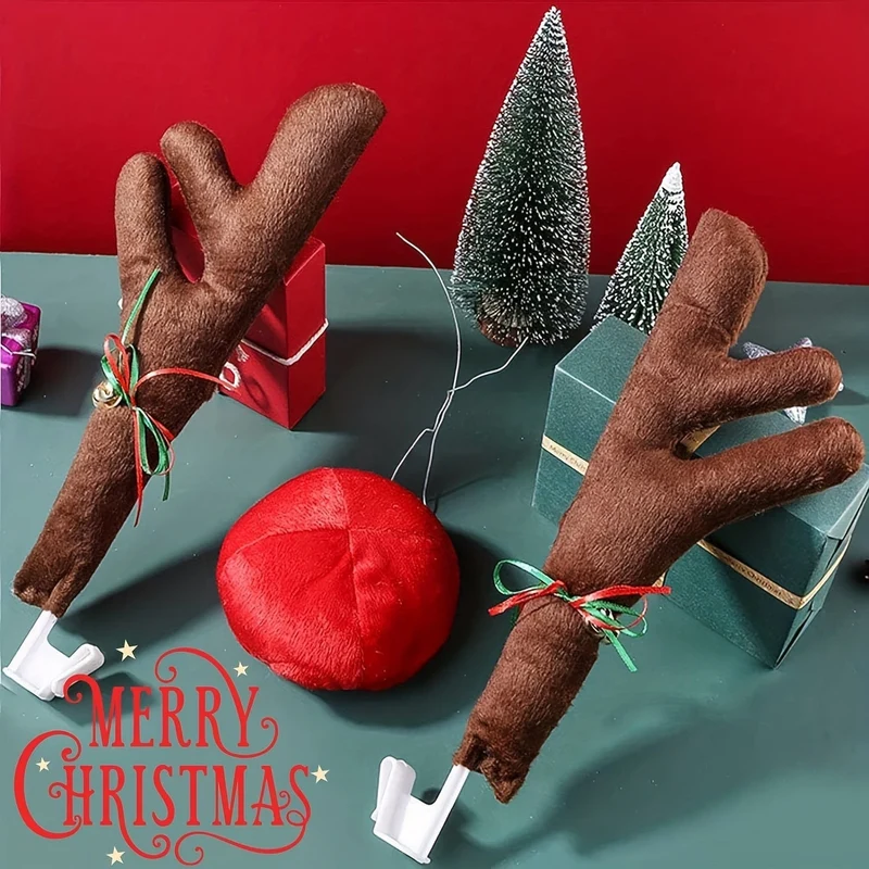 Auto-Rentier-Geweih und Nase – Fensterdach und Kühlergrill, Rudolph-Rentier-Jingle-Bell-Weihnachtskostüm – Auto-Zubehör-Dekorationsset