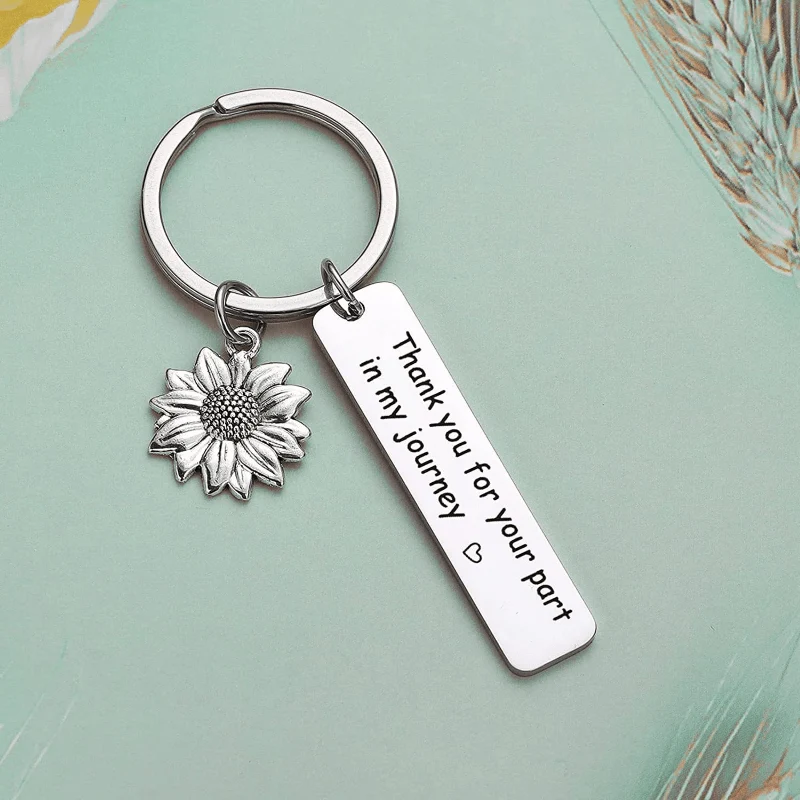 Schlüsselanhänger aus Edelstahl „Danke für Ihren Anteil an meiner Reise“, Schlüsselanhänger mit Sonnenblumen-Anhänger, Geschenk für gute Freunde, inspirierender Schlüsselanhänger