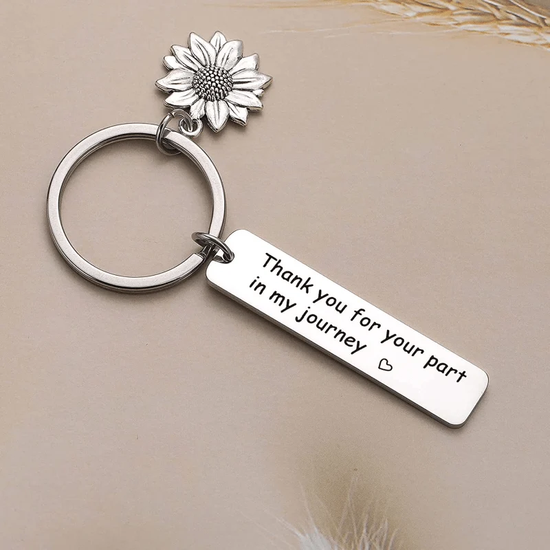 Schlüsselanhänger aus Edelstahl „Danke für Ihren Anteil an meiner Reise“, Schlüsselanhänger mit Sonnenblumen-Anhänger, Geschenk für gute Freunde, inspirierender Schlüsselanhänger