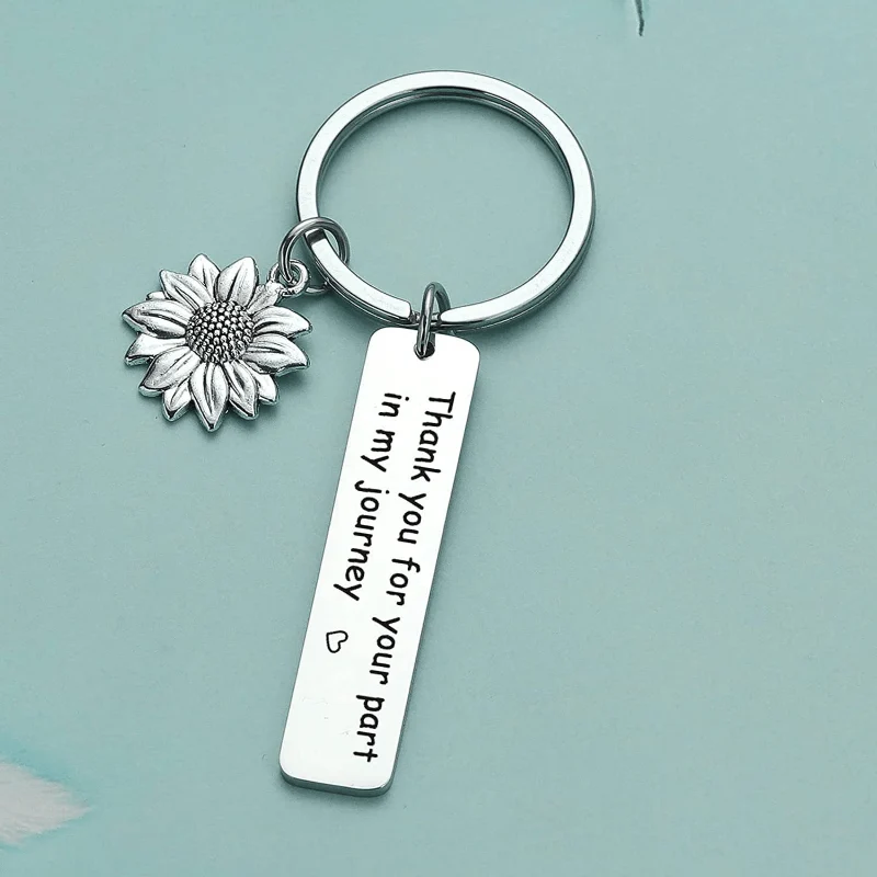 Schlüsselanhänger aus Edelstahl „Danke für Ihren Anteil an meiner Reise“, Schlüsselanhänger mit Sonnenblumen-Anhänger, Geschenk für gute Freunde, inspirierender Schlüsselanhänger