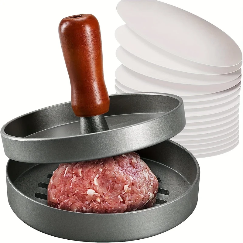 1 Stück, manuelle Burgerpresse, antihaftbeschichteter Holzgriff, schwere Hamburgerpresse, Burger-Fleisch-Rindfleisch-Grill-Patty-Maker-Form, kreative Küchenwerkzeuge