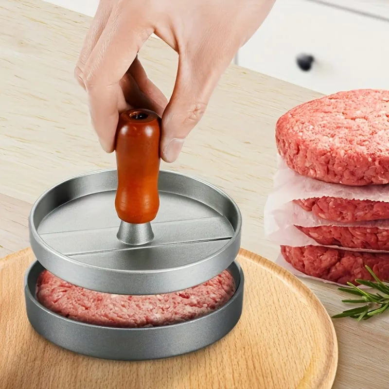 1 Stück, manuelle Burgerpresse, antihaftbeschichteter Holzgriff, schwere Hamburgerpresse, Burger-Fleisch-Rindfleisch-Grill-Patty-Maker-Form, kreative Küchenwerkzeuge