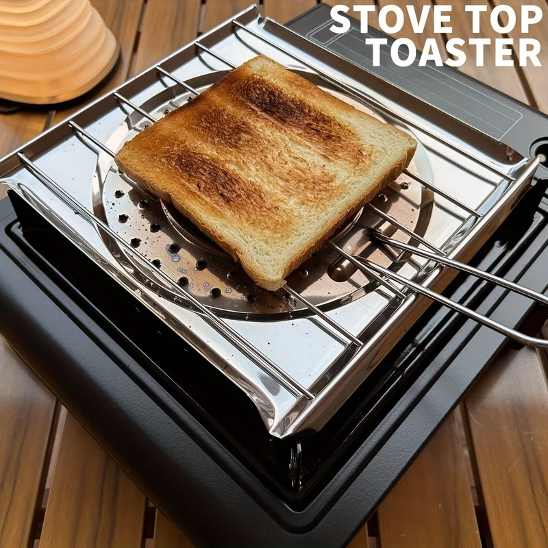 1-teiliger Edelstahl-Herdtoaster mit klappbarem Griff, Brottoaster für Campingkocher und Küchenherd, Campingkochgeschirr, Küchenherdtoaster, Wasser- und Kaffeewärmeständer für Campingkocher.