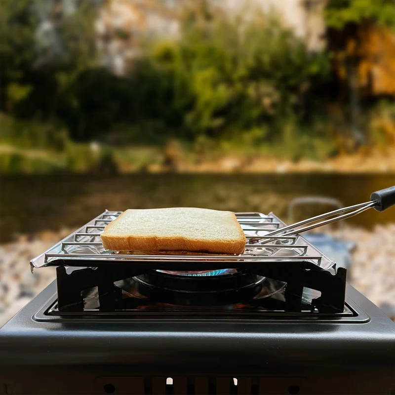 1-teiliger Edelstahl-Herdtoaster mit klappbarem Griff, Brottoaster für Campingkocher und Küchenherd, Campingkochgeschirr, Küchenherdtoaster, Wasser- und Kaffeewärmeständer für Campingkocher.