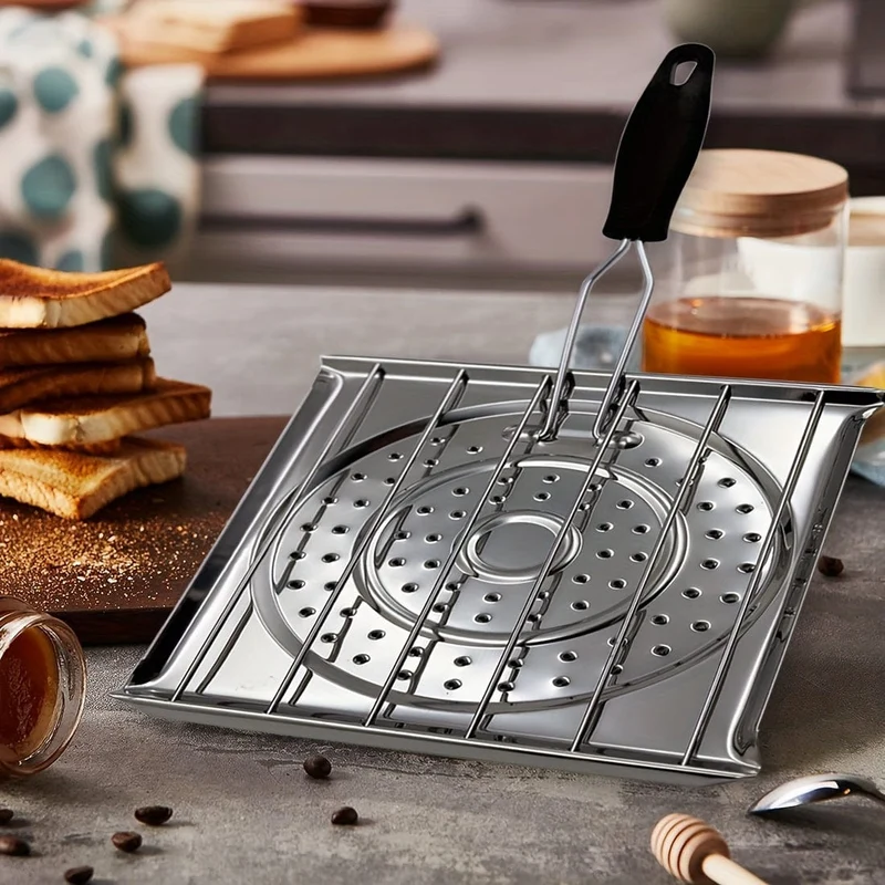 1-teiliger Edelstahl-Herdtoaster mit klappbarem Griff, Brottoaster für Campingkocher und Küchenherd, Campingkochgeschirr, Küchenherdtoaster, Wasser- und Kaffeewärmeständer für Campingkocher.