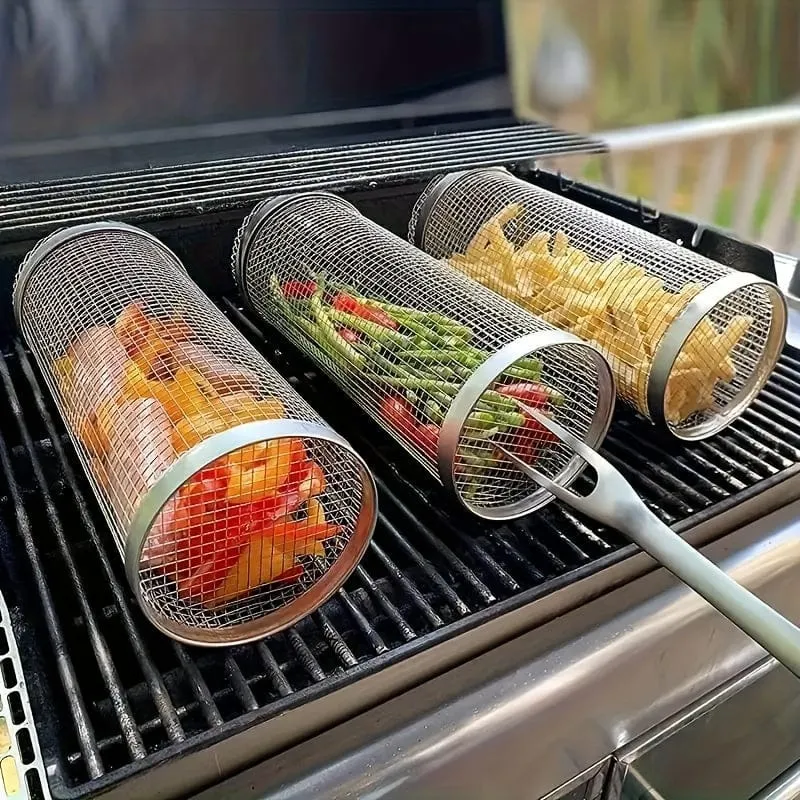 3 Stück/Set, rollender Grillkorb für den Grill, Grillkäfig aus Edelstahl mit Gabelhaken-Set, rundes Grillgitter aus Edelstahl für Gemüsepommes, Fisch, Grillkorb für Gemüsescheiben für ein Picknick im Freien.