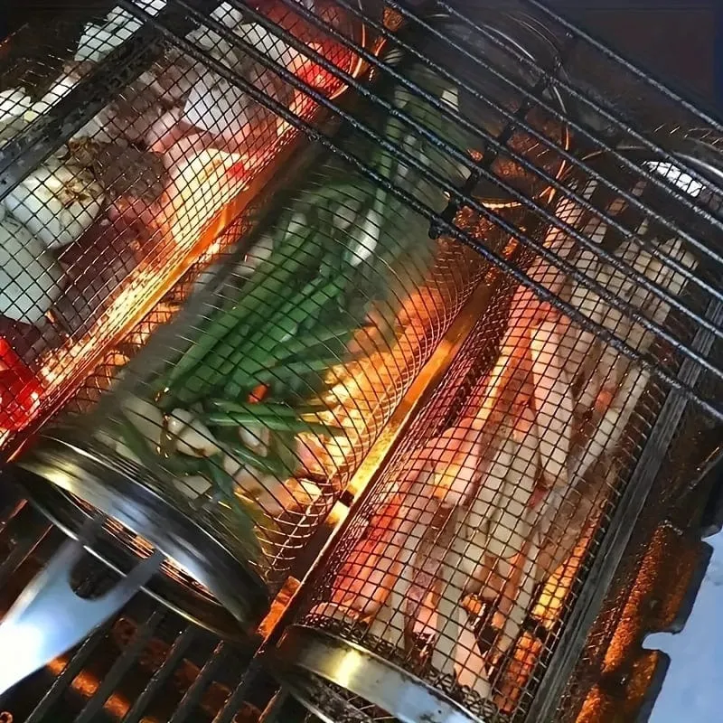 3 Stück/Set, rollender Grillkorb für den Grill, Grillkäfig aus Edelstahl mit Gabelhaken-Set, rundes Grillgitter aus Edelstahl für Gemüsepommes, Fisch, Grillkorb für Gemüsescheiben für ein Picknick im Freien.